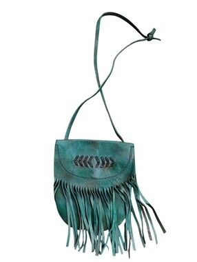Cut N Paste Teal Fringe Crossbody Bag with Woven Detail